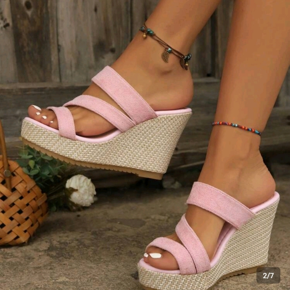 NWT Women's Baby Pink Suede Feel Wedge Sandals - Slip-On Platform Heels